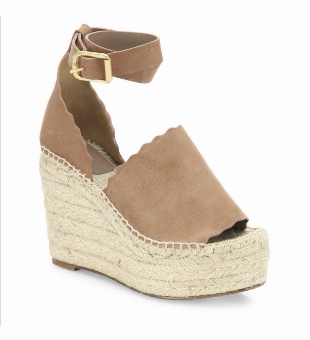 Chloe Lauren Suede Espadrille Wedge Sandals Size 39 US 8.5 Neutral Designer